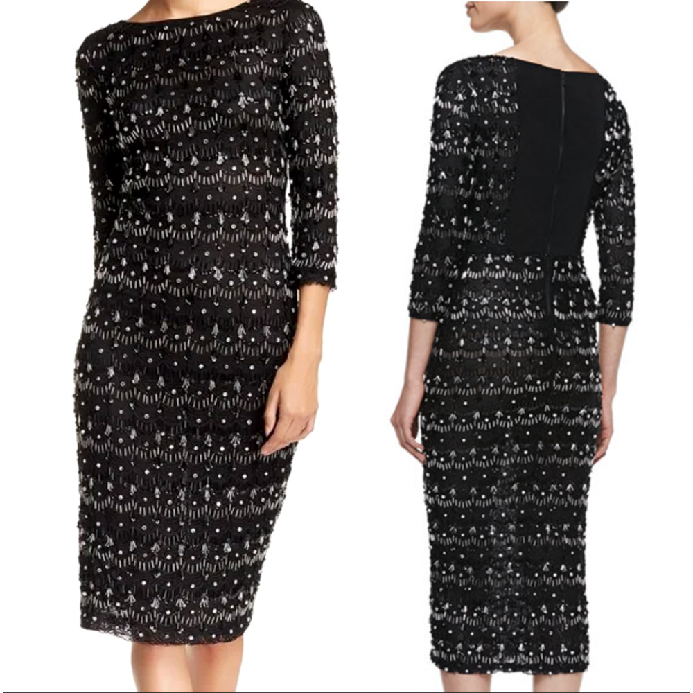 Alice+Olivia S Art Deco BEADED Scalloped Sheath Dress Bodycon Long Sleeve Black